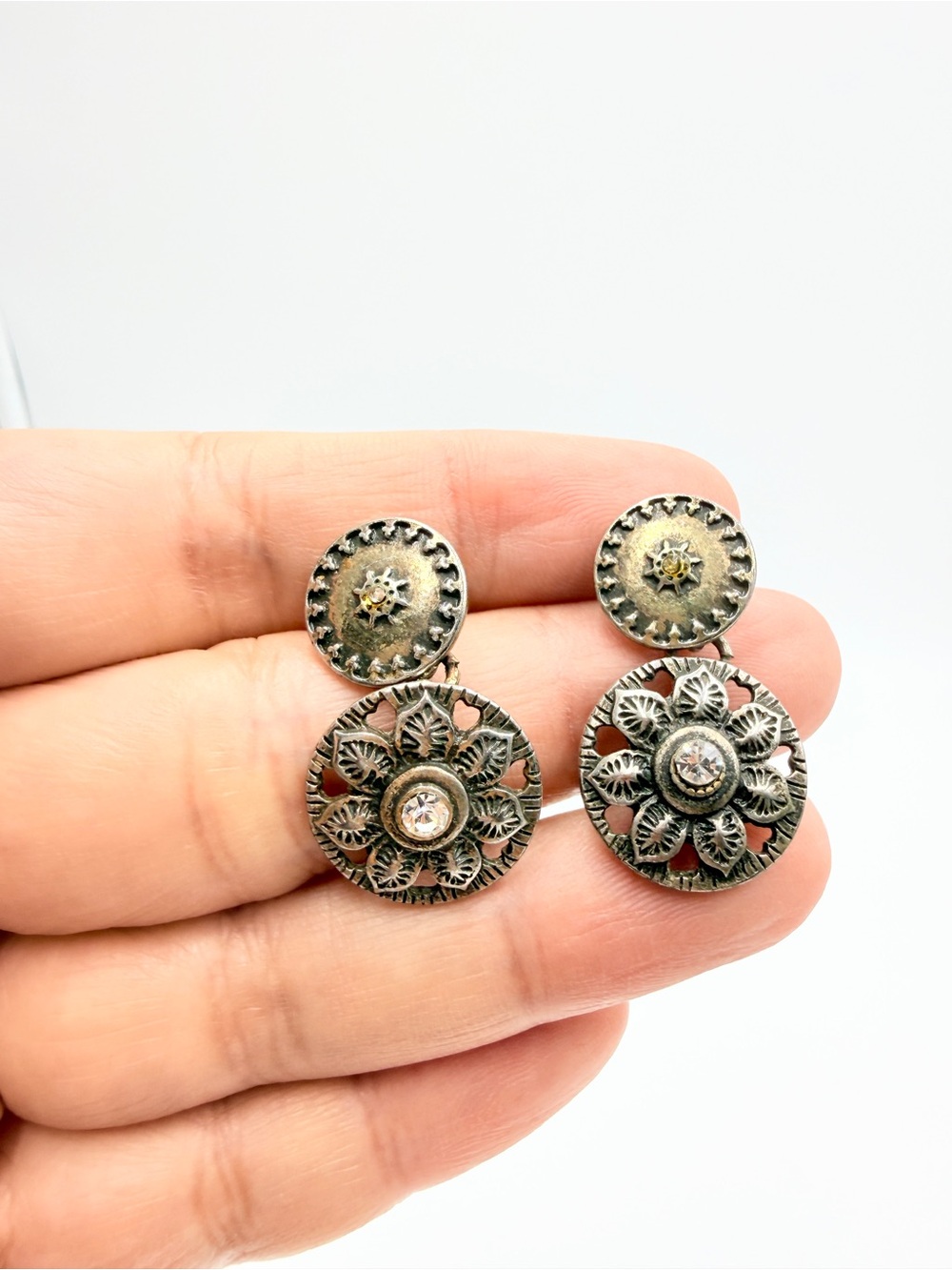 Vintage Silver Tone Floral Rhinestone Drop Earrings